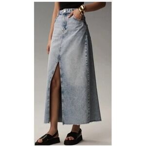 Anthropologie Pilcro Madi Front Slit Denim Maxi Skirt Women 10 Blue Frayed Hem